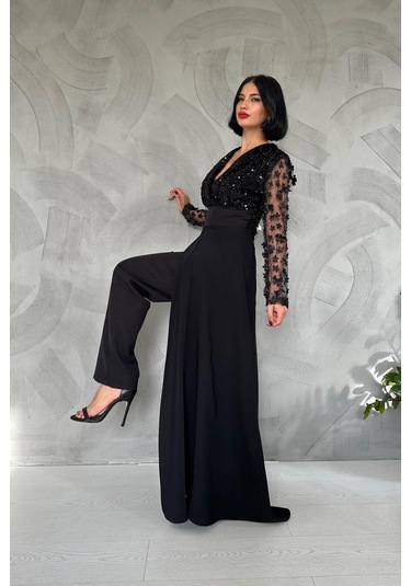 Modasize Siyah Kolları Tül Etekli Tulum Siyah