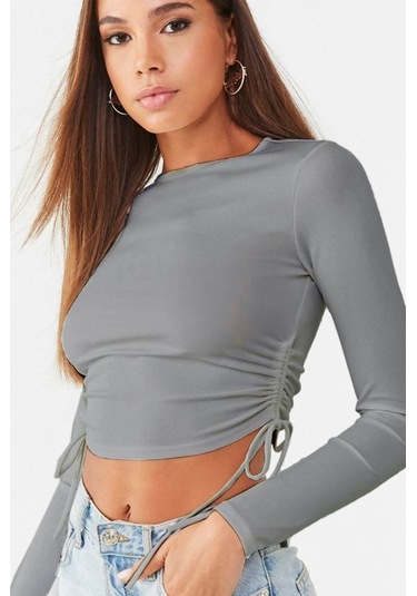 Nnstartshopping Kadın Uzun Kollu Yanlar Büzgü Detay Kaşkorse Crop Gri