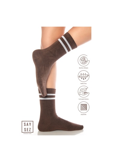 Bambu Unisex Tenis Kolej Çizgili Kahverengi Premium Dikişsiz Soket Çorap Kahverengi