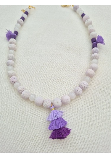 Lila Lav Taşlı Püsküllü Tasarım Kolye