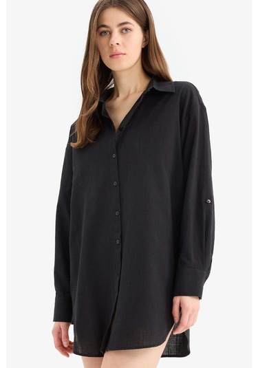 DeFacto Regular Fit Pamuklu Plaj Gömleği-Fall in Love W8241AZ25SMBK27 Siyah