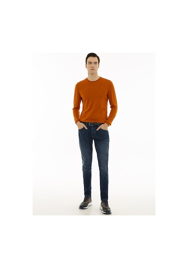 Cacharel Turuncu Slim Fit Bisiklet Yaka Basic Triko Kazak