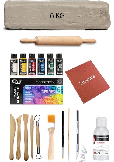 Beyaz Seramik Hamuru 6 Kg Kil Ebeşuar Set Mastermix Akrilik Set Parlak Vernik Ahşap Merdane Kretuar