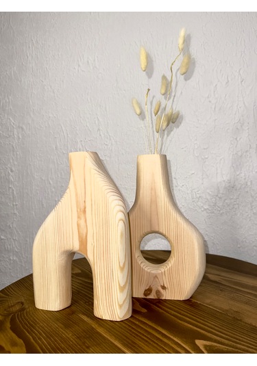 O&a Wood Doğal Ahşap Dekoratif Ikili Takım Biblo Vazo Renksiz