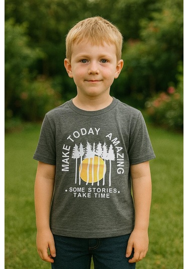 Erkek Çocuk %100 Pamuklu Baskılı Kısa Kollu Tişört - Antrasit 3-4 Yaş 8-9 Yaş Antrasit