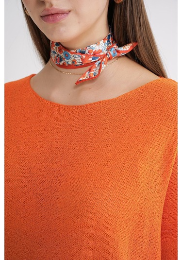 6933 Kadın Kayık Yaka İnce Mevsimlik Triko Kazak Turuncu Turuncu