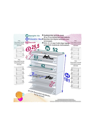 Modilayn Varbi Umay' 2 Li Asma Kapı Önü 52 X 181 X 25, 5 Cm Lik 5 Düşer Kapak 10 Göz Raf Bölmeli Ayakkabılık Cordoba - Beyaz