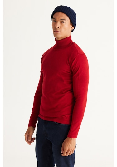 AC&Co / Altınyıldız Classics Erkek Kırmızı Standart Fit Normal Kesim Tam Balıkçı Yaka Pamuklu Triko 4A4923100007KMZM Kırmızı
