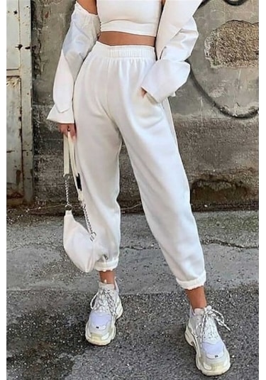 Mad Girls Beyaz Paça Lastikli Oversize Kadın Eşofman Mg324 BEYAZ