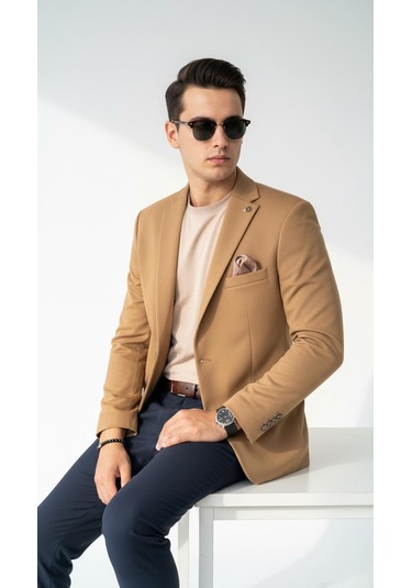 Plus Scorpion Camel Erkek Blazer Ceket Esnek Comfort Kumaş, İtalyan Kesim, Tek Düğmeli Slim Fit Şık Model CAMEL