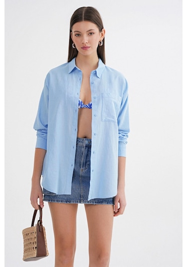 Mixray 4670 Kadın Cepli Oversize Basic Keten Gömlek Bebe Mavi