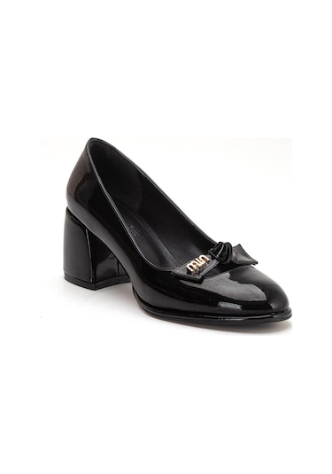 Büyük Beden Kadın Kalın Topuklu Ayakkabı Siyah Rugan Fiyonklu Yuvarlak Burun-4300 Siyah