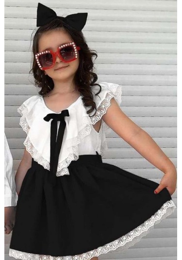 Riccotarz Kız Çocuk V Yaka Omuzları Ve Etek Ucu Dantel İşlemeli Siyah Elbise Siyah