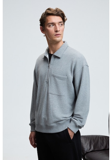 AUGUST Erkek %100 Pamuk Yarım Fermuarlı Yakalı Cepli Süs Etiketli Grimelanj Sweatshirt