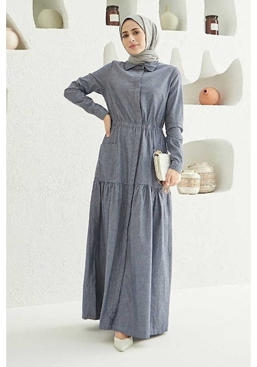 6581-bel Lastikli Düğmeli Elbise Koyu Mavi