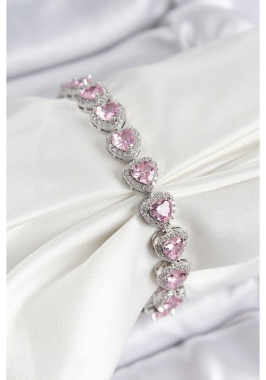Pirinç Zirkon Taşlı Pembe Kalp Baget Model Gümüş Renk Vıp Seri Kadın Bileklik Pembe
