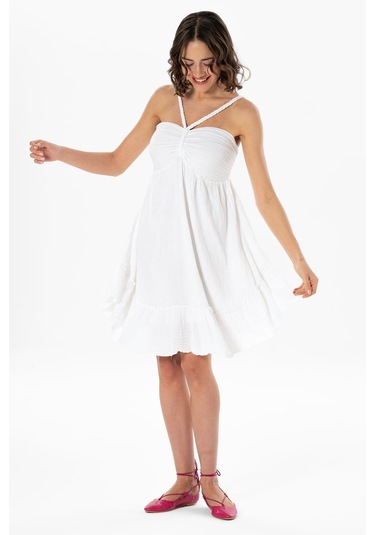Alanya Boyundan Bağlamalı Kısa Yazlık Müslin Elbise Beyaz Byz-beyaz