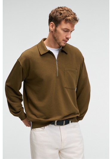 AUGUST Erkek %100 Pamuk Yarım Fermuarlı Yakalı Cepli Süs Etiketli Haki Sweatshirt