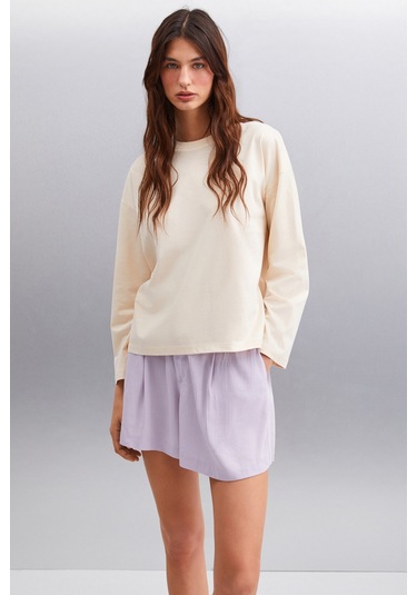 Basıl Kadın Oversize %100 Organik Pamuk Örme Uzun Kol Bej T-shirt