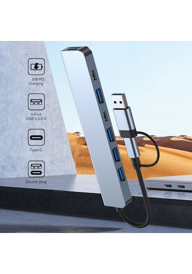 Mufunye Usb-c Ve Usb-a'dan 7 Porta Çevirici: Usb3.0, 4 Usb2.0, Pd Şarj Ve Veri Portu - Uzay Gri Hub