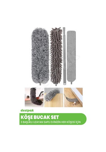 Köşe Bucak Set 3 Başlıklı Uzayabilen Saplı Mikrofiber 3'lü