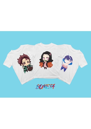 Bumeta Demon Slayer Chibi Karakter Baskılı Çocuk Tişört 3 Lü Set Beyaz