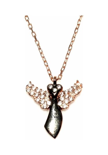 Nusret 925 Ayar Gümüş Melek Modeli Kolye Pembe Siyah - Beyaz Taş