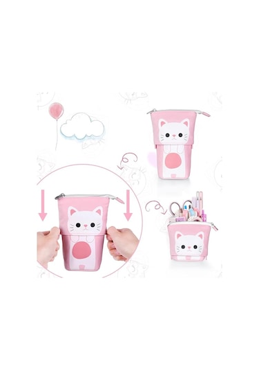 Stand Kalemlik, Teleskopik Kalem Kutusu, Kedi Kalem Çantası, Kanvas Kalemlik, Kırtasiye Makyaj Çantası, Öğrenciler Ve Ofis Malzemeleri İçin Mavi Th