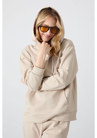 Tommy Life Bej Kapüşonlu Kanguru Cep Oversize Lastik Paça Kadın Eşofman Takımı - 95288 Bej