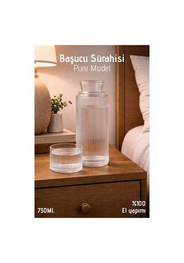 El Yapımı Cam, Pure Modelli Başucu Sürahisi -730ml. Bardaklı Sürahi