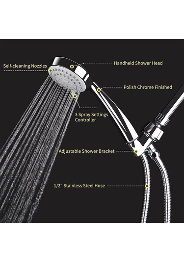Yunboo 3 Fonksiyonlu El Duşu Seti - Yağmur/masaj/sprey Modları, 1.5m Paslanmaz Hortum Ve Ayarımsız Braket, G1/2 Bağlantı Gümüş