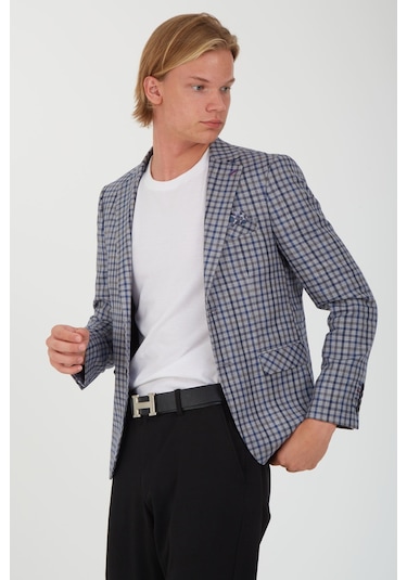 Sposo 5138 Dar Kalıp Kare Desenli Gri Erkek Blazer Ceket Gri