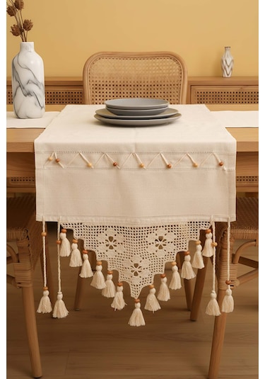 Dantel İşlemeli Boncuklu Runner 50x130 Cm Krem