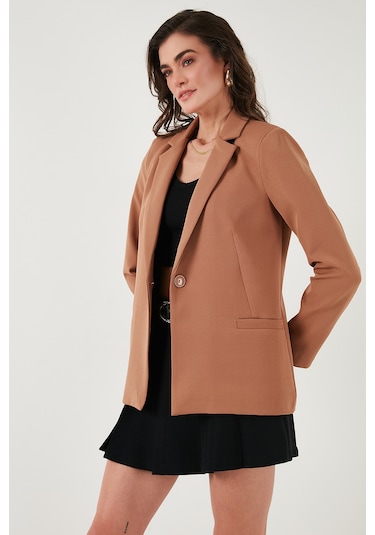 Lela Standart Fit Mono Yaka Desenli Astar Detaylı Blazer Bayan Ceket 6524003 Camel