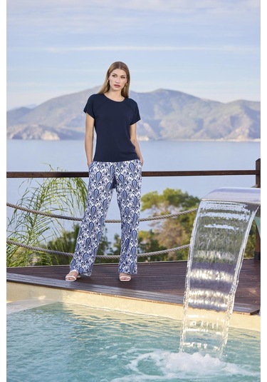 Monamise Kadın Etnik Desenli Kısa Kollu Bisiklet Yaka Büyük Beden Pijama Takımı 25111bat. Lacivert