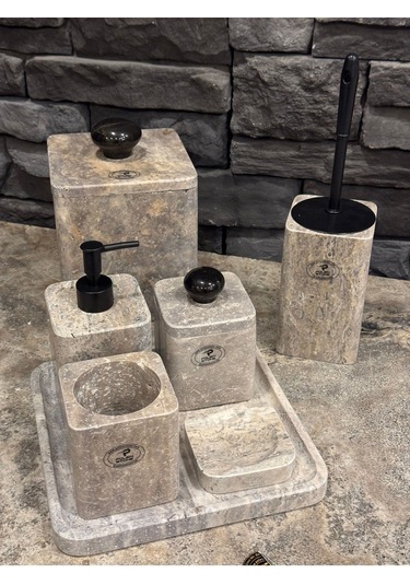 Silver Traverten Kare Model Yedi Parça Banyo Seti Beyaz