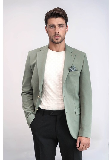 Haki Yeşil Kendinden Desenli Örme Altın Renk Metal Düğmeli Slim Fit Erkek Blazer Ceket - Wessi Green Haki Yeşil Kendinden Desenli Örme Altın Renk Metal Düğmeli Slim Fit Erkek Blazer Ceket - Wessi Green