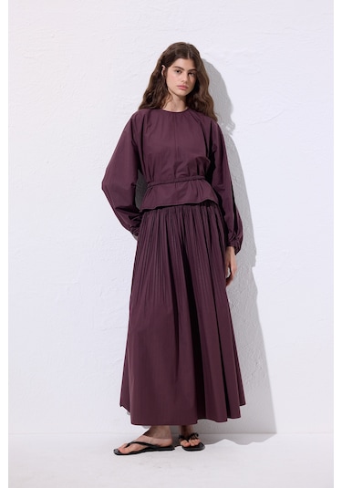 Piliseli Geniş Etek Mürdüm Mürdüm