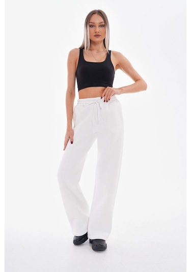 Kallima Çımalı Beyaz Kışlık Şardonlu Yüksek Bel Bol Paça Eşofman Beyaz