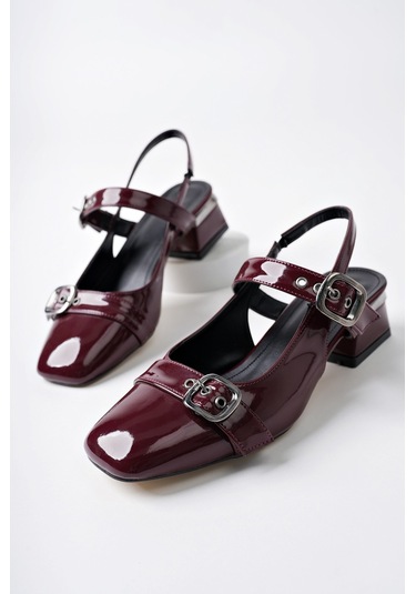 Muggo Yuqi Arkası Açık Küt Burun Çift Kemerli Kadın Günlük Klasik Kısa Topuklu Ayakkabı Bordo Rugan