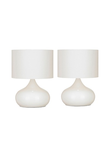 2 Adet Beyaz Elips Masa Komidin Vitrin Abajur Beyaz Kumaş Başlık Beyaz Metal Ayak Beyaz