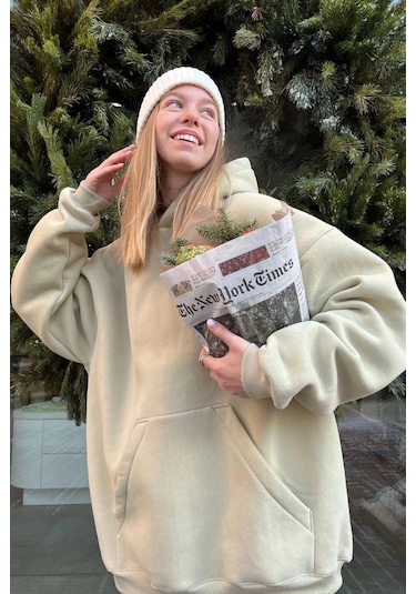 Madmext Bej Kapüşonlu Şardonlu Oversize Sweatshirt Mg1566 Bej