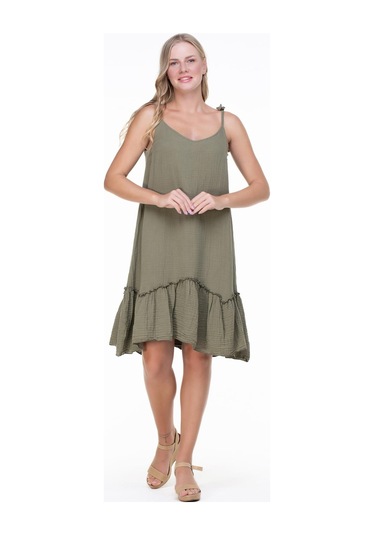 Askılı Müslin Serra Volanlı Kısa Elbise Haki Hk-haki