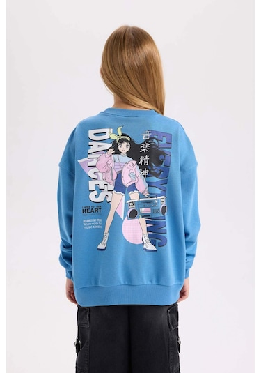 DeFacto Kız Çocuk Relax Fit Bisiklet Yaka Sırt Baskılı Sweatshirt D6496A8NSBE765 Mavi