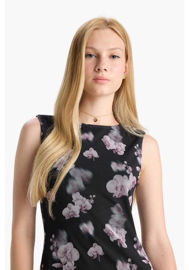 Defacto Coool Bisiklet Yaka Desenli Tül Kolsuz Mini Elbise F0415ax25wnbk81 Siyah