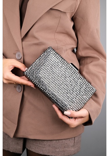 Gomeda Platin Kare Taşlı Kadın Abiye Çanta Platin Kristal