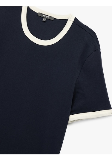 Koton Kısa Kollu Bisiklet Yaka Renk Kontrastlı Pamuklu Slim Fit Tişört Lacivert 6wam10098hk Lacivert