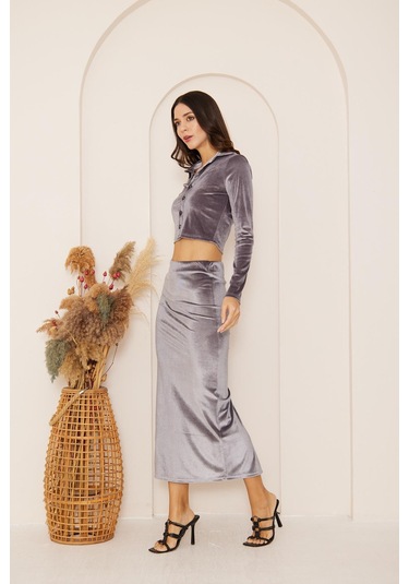 Kadın Antrasit Kadife Maxi Boy Etek Dm2026 Antrasit