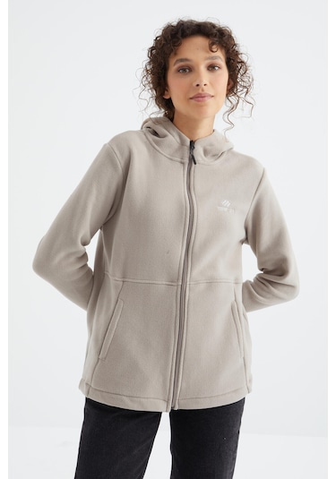 Tommy Life Koyu Bej Kapüşonlu Fermuarlı Rahat Form Kadın Polar Sweatshirt - 97233 Koyu Bej