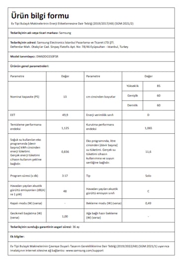 Samsung DW60DG550FSRTR D 5 Programlı 13 Kişilik Bulaşık Makinesi